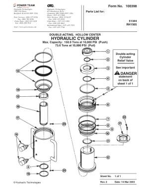 Première page de la documentation fabricant: Power Team 100398 – Liste de pièces détachées