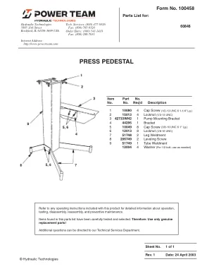 Première page de la documentation fabricant: Power Team 100458 – Liste de pièces détachées