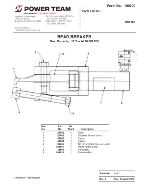 Première page de la documentation fabricant: Power Team 100500 – Liste de pièces détachées