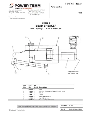 Première page de la documentation fabricant: Power Team 100731 – Liste de pièces détachées