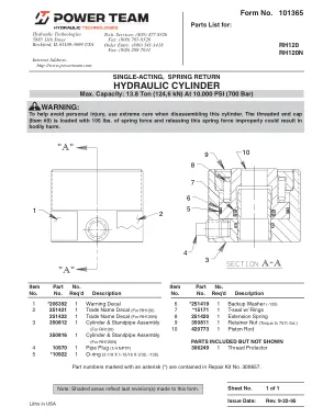 Première page de la documentation fabricant: Power Team 101365 – Liste de pièces détachées