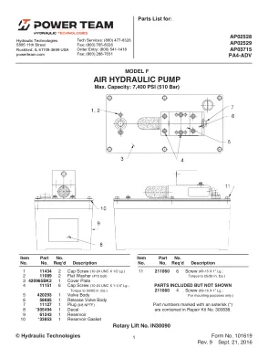 Première page de la documentation fabricant: Power Team 101619 – Liste de pièces détachées