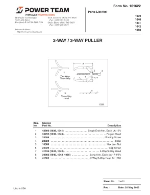 Première page de la documentation fabricant: Power Team 101622 – Liste de pièces détachées