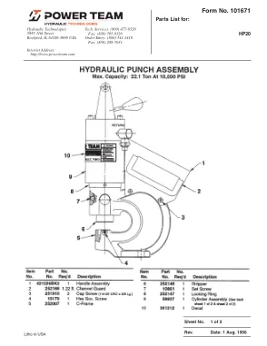 Première page de la documentation fabricant: Power Team 101671 – Liste de pièces détachées