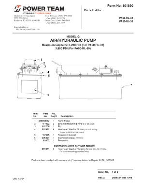 Première page de la documentation fabricant: Power Team 101890 – Liste de pièces détachées