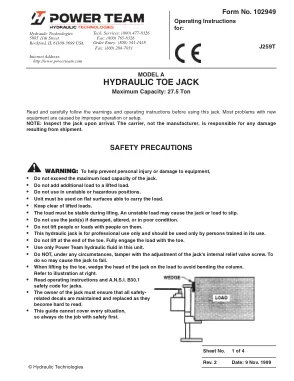 First page of the manufacturer document: Power Team 102949 – Operating instructions