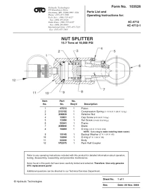 Primera página del documento del fabricante: Power Team 103526 – Manual de instrucciones