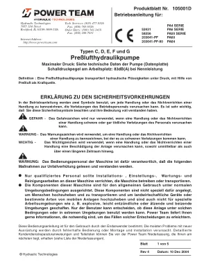 First page of the manufacturer document: Power Team 105001D – Operating instructions