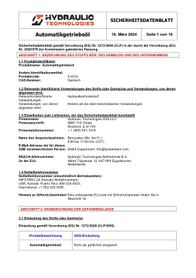 Première page de la documentation fabricant: Power Team HT_SDS_Automatic_Tranmission_Fluid_2024_DE – Fiche de données de sécurité