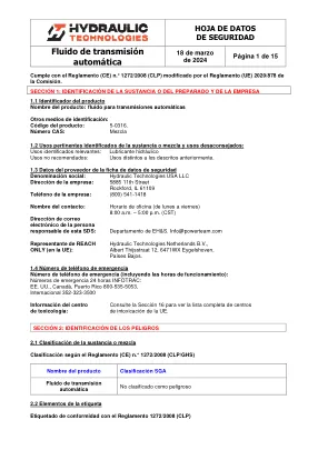 Première page de la documentation fabricant: Power Team HT_SDS_Automatic_Tranmission_Fluid_2024_ES – Fiche de données de sécurité