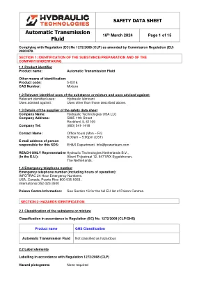 Première page de la documentation fabricant: Power Team HT_SDS_Automatic_Tranmission_Fluid_2024_EU – Fiche de données de sécurité