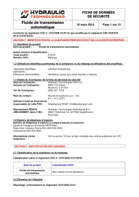 Première page de la documentation fabricant: Power Team HT_SDS_Automatic_Tranmission_Fluid_2024_FR – Fiche de données de sécurité