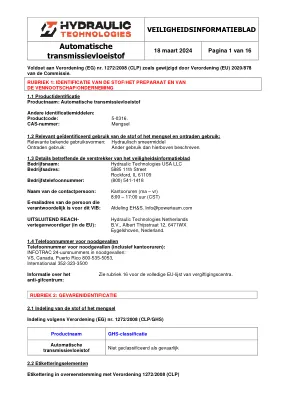 Première page de la documentation fabricant: Power Team HT_SDS_Automatic_Tranmission_Fluid_2024_NL – Fiche de données de sécurité