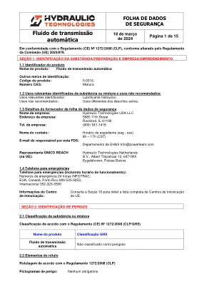 Première page de la documentation fabricant: Power Team HT_SDS_Automatic_Tranmission_Fluid_2024_PT – Fiche de données de sécurité