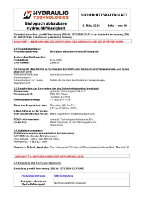 Première page de la documentation fabricant: Power Team HT_SDS_Biodegradable_Hydraulic_Fluid_2024_DE – Fiche de données de sécurité