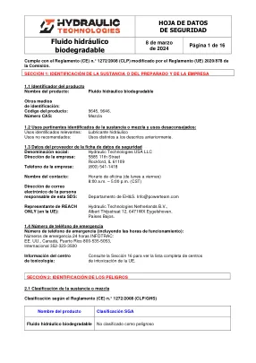 Première page de la documentation fabricant: Power Team HT_SDS_Biodegradable_Hydraulic_Fluid_2024_ES – Fiche de données de sécurité
