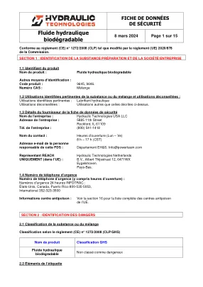 Première page de la documentation fabricant: Power Team HT_SDS_Biodegradable_Hydraulic_Fluid_2024_FR – Fiche de données de sécurité