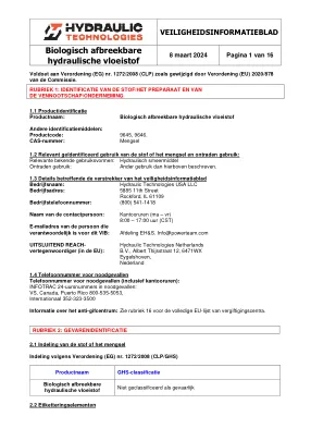 Première page de la documentation fabricant: Power Team HT_SDS_Biodegradable_Hydraulic_Fluid_2024_NL – Fiche de données de sécurité