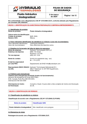 Première page de la documentation fabricant: Power Team HT_SDS_Biodegradable_Hydraulic_Fluid_2024_PT – Fiche de données de sécurité
