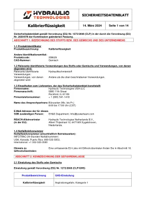 Première page de la documentation fabricant: Power Team HT_SDS_Calibration_Fluid_2024_DE – Fiche de données de sécurité