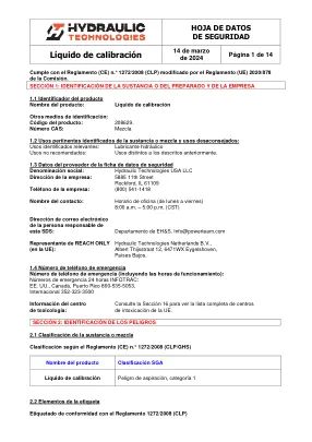 Première page de la documentation fabricant: Power Team HT_SDS_Calibration_Fluid_2024_ES – Fiche de données de sécurité