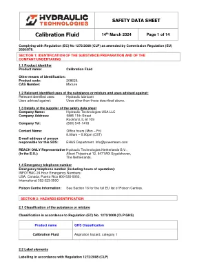 Première page de la documentation fabricant: Power Team HT_SDS_Calibration_Fluid_2024_EU – Fiche de données de sécurité