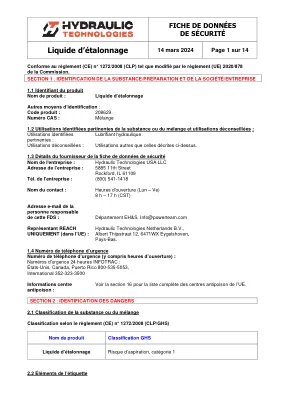 Première page de la documentation fabricant: Power Team HT_SDS_Calibration_Fluid_2024_FR – Fiche de données de sécurité