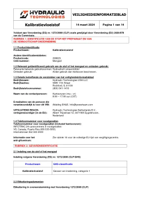 Première page de la documentation fabricant: Power Team HT_SDS_Calibration_Fluid_2024_NL – Fiche de données de sécurité