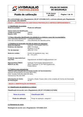 Première page de la documentation fabricant: Power Team HT_SDS_Calibration_Fluid_2024_PT – Fiche de données de sécurité