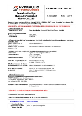 Première page de la documentation fabricant: Power Team HT_SDS_Flame-Out_220_2024_DE – Fiche de données de sécurité