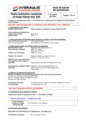 Première page de la documentation fabricant: Power Team HT_SDS_Flame-Out_220_2024_ES – Fiche de données de sécurité