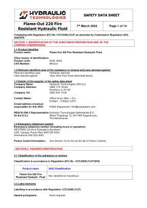 Première page de la documentation fabricant: Power Team HT_SDS_Flame-Out_220_2024_EU – Fiche de données de sécurité