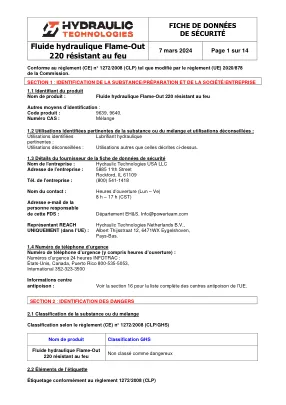 Première page de la documentation fabricant: Power Team HT_SDS_Flame-Out_220_2024_FR – Fiche de données de sécurité
