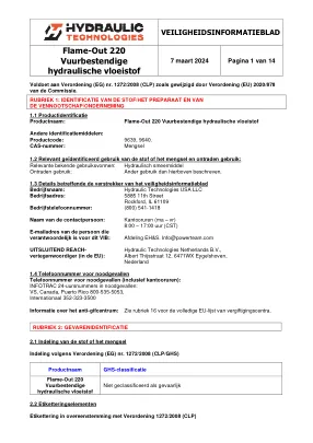 Première page de la documentation fabricant: Power Team HT_SDS_Flame-Out_220_2024_NL – Fiche de données de sécurité