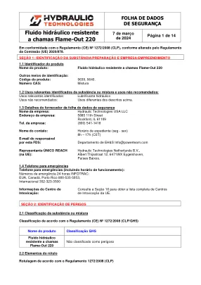 Première page de la documentation fabricant: Power Team HT_SDS_Flame-Out_220_2024_PT – Fiche de données de sécurité