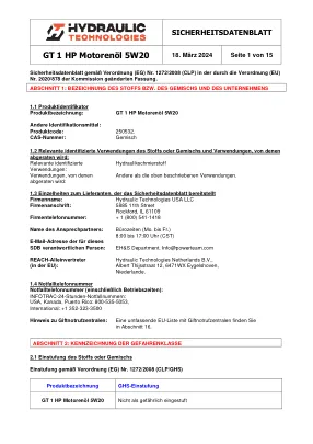 Première page de la documentation fabricant: Power Team HT_SDS_GT_1_HP_Motor_Oil_5W20_2024_DE – Fiche de données de sécurité