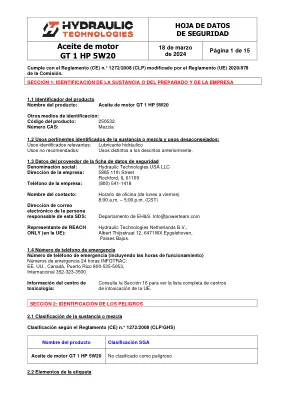 Première page de la documentation fabricant: Power Team HT_SDS_GT_1_HP_Motor_Oil_5W20_2024_ES – Fiche de données de sécurité