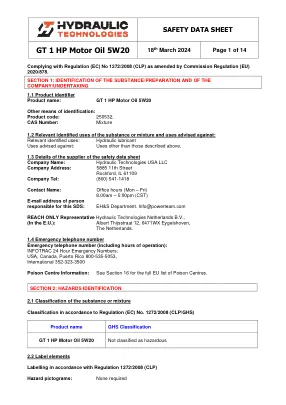 Première page de la documentation fabricant: Power Team HT_SDS_GT_1_HP_Motor_Oil_5W20_2024_EU – Fiche de données de sécurité