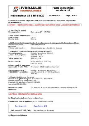 Première page de la documentation fabricant: Power Team HT_SDS_GT_1_HP_Motor_Oil_5W20_2024_FR – Fiche de données de sécurité