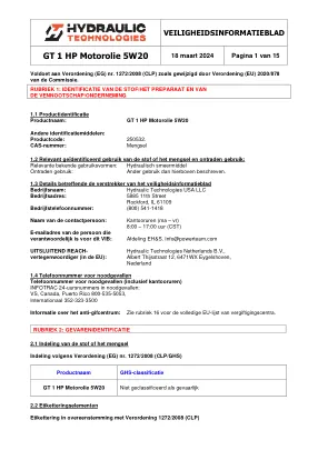 Première page de la documentation fabricant: Power Team HT_SDS_GT_1_HP_Motor_Oil_5W20_2024_NL – Fiche de données de sécurité