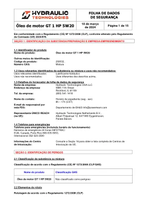 Première page de la documentation fabricant: Power Team HT_SDS_GT_1_HP_Motor_Oil_5W20_2024_PT – Fiche de données de sécurité