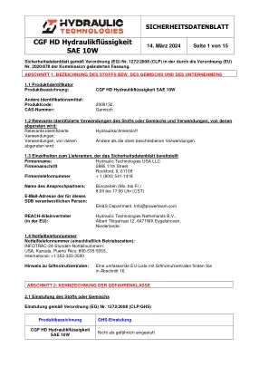 Première page de la documentation fabricant: Power Team HT_SDS_HP_Hydraulic_Fluid_SAE_10W_2024_DE – Fiche de données de sécurité