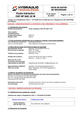 Première page de la documentation fabricant: Power Team HT_SDS_HP_Hydraulic_Fluid_SAE_10W_2024_ES – Fiche de données de sécurité