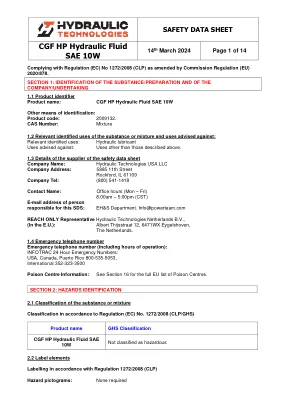 Première page de la documentation fabricant: Power Team HT_SDS_HP_Hydraulic_Fluid_SAE_10W_2024_EU – Fiche de données de sécurité