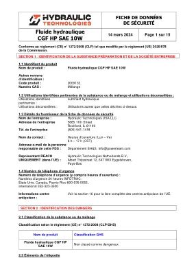 Première page de la documentation fabricant: Power Team HT_SDS_HP_Hydraulic_Fluid_SAE_10W_2024_FR – Fiche de données de sécurité