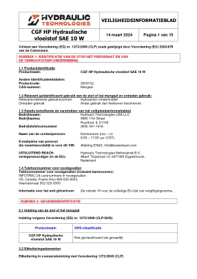 Première page de la documentation fabricant: Power Team HT_SDS_HP_Hydraulic_Fluid_SAE_10W_2024_NL – Fiche de données de sécurité