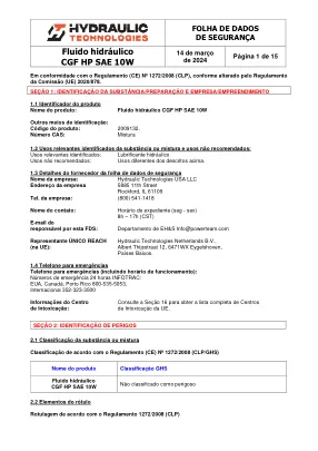 Première page de la documentation fabricant: Power Team HT_SDS_HP_Hydraulic_Fluid_SAE_10W_2024_PT – Fiche de données de sécurité