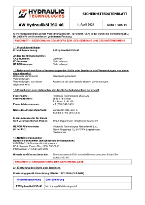 Erste Seite der Herstellerunterlage: Power Team HT_SDS_Hydraulic_Oil_AW_46_DE – Sicherheitsdatenblatt
