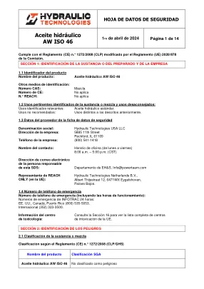Erste Seite der Herstellerunterlage: Power Team HT_SDS_Hydraulic_Oil_AW_46_ES – Sicherheitsdatenblatt