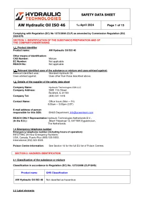 Erste Seite der Herstellerunterlage: Power Team HT_SDS_Hydraulic_Oil_AW_46_EU – Sicherheitsdatenblatt